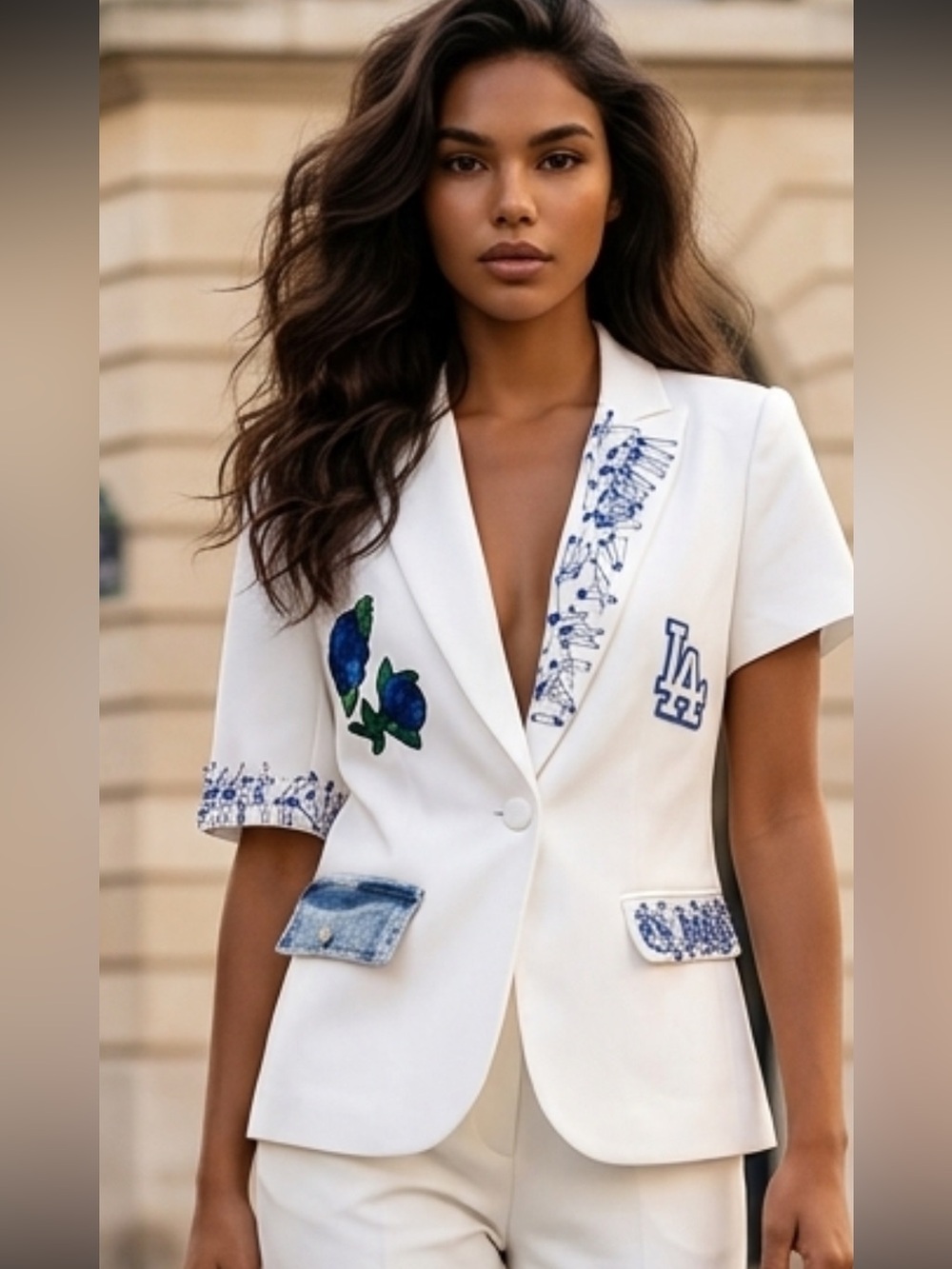 Upcycled IA Californian White Short-Sleeve one different Embroidered Blazer